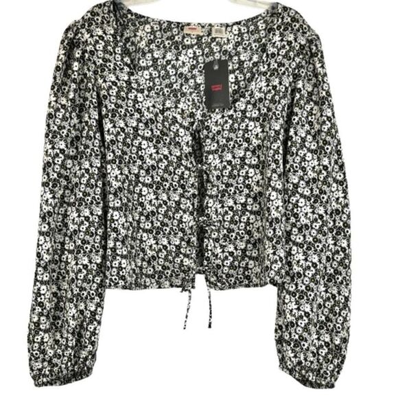 Levi’s‎ Blouse Women's Plus 3X Black White Floral Print 4 Tie Long Sleeve Top - Picture 1 of 14